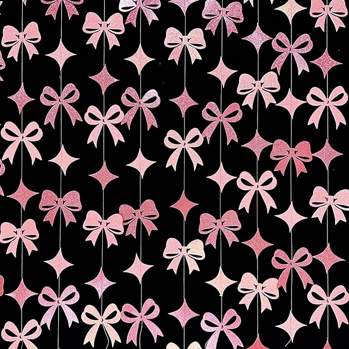 Pink Bow Decorations Pink Glitter Paper Star Bow Hanging Garland Streamer Banner for Coquette Birthday Bridal Shower Wedding Anniversary Bachelorette Engagement Baby Shower Party Decorations Supplies