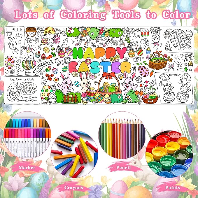 2 PCS Easter Coloring Tablecloth, Easter Crafts for Kids, 72" x 30" Giant Paper Coloring Table Cloth Banner for Gifts Activities, Fun DIY Art Easter Decorations Supplies for Family School Party Games