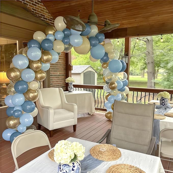Dusty Blue Balloon Set, 60Pcs 12 Inch Slate Muted Baby Blue Fog Pastel Light Blue White Sand Balloon with Metallic Confetti Champagne Gold Balloons for Boy Birthday Party Baby Bridal Shower Decortaion