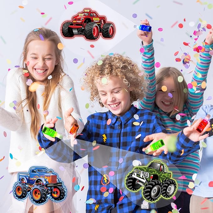 24PCS Monster Truck Party Favors-LED Finger Lights：Glow-in-the-Dark Light-Up Toys Bulk for Kids,Monster Jam Birthday Party Decorations Supplies, Party Goodie Bags, Classroom Prizes, Fun Gifts