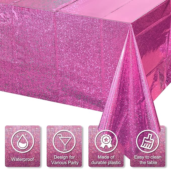 8 Pack Iridescence Plastic Tablecloths Shiny Disposable Laser Rectangle Table Covers Holographic Foil Tablecloth Iridescent Kpop Birthday Bridal Wedding Christmas Party Decoration, 54" x 108" (Pink)