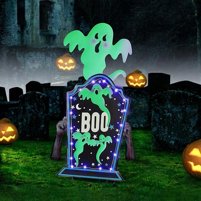 Joliyoou Halloween Yard Stake, 26.4" Solar Lighted Metal Tombstone with Glow in The Dark Ghosts, 18 LED Purple Lights Spooky Yard Sign for Outdoor Front Door Yard Lawn Garden Decors