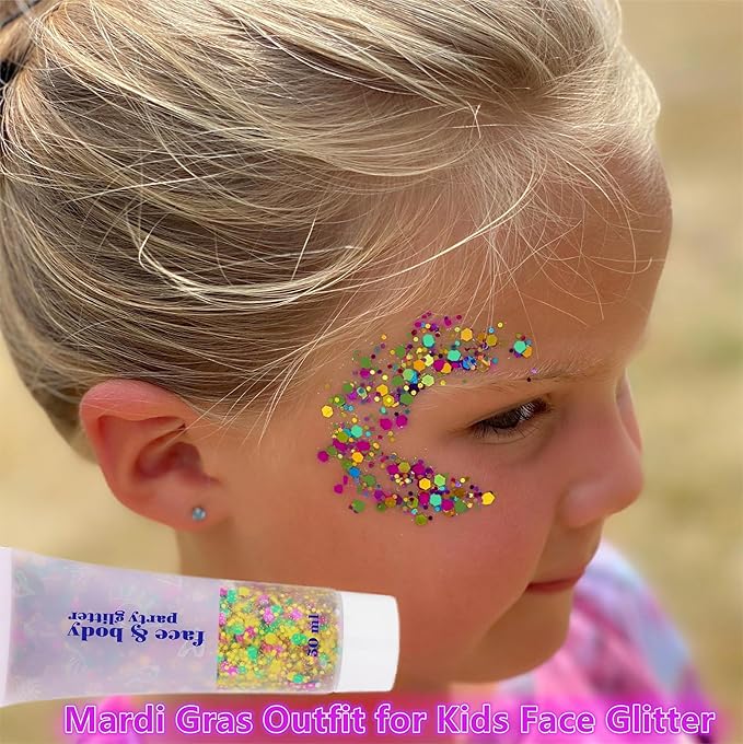Go Ho Face Body Glitter Gel,Mardi Gras Outfit for Women and Kids,Sparkly Holographic Party Festival Rave Mardi Gras Accessories for Carnival,Gold Green Purple Chunky Glitter Makeup,52g
