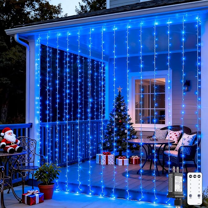 JMEXSUSS 300LED Curtain Lights, Blue Christmas Lights with Remote, Blue String Lights for Bedroom Wall Window Backdrop Garden Indoor Outdoor Pool Patio Yard Porch Decorations, 9.8x9.8ft