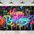 Imirell Neon Happy Birthday Backdrop 5Wx3H Feet Glow in The Dark Graffiti Brick Wall Funny Colorful Painting Polyester Fabric Cool Boys Photography Backgrounds Photo Shoot Decor Props Decoration