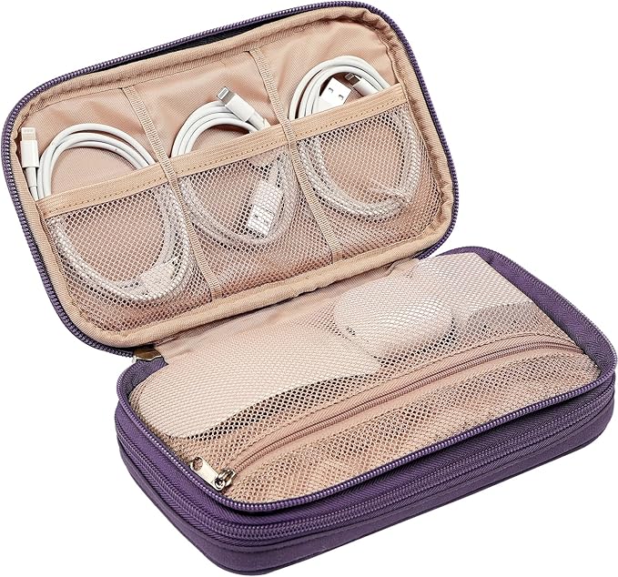 NISHEL Travel Cord Organizer Case, Double Layers Tech Electronic Bag, Essentials for Charger, Cable, Phone, Flash drive, Medium, Purple