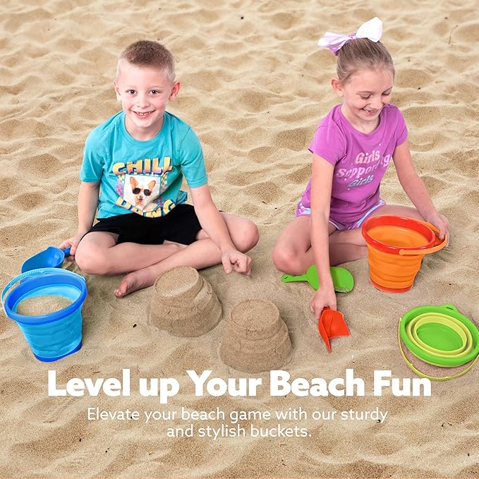 JOYIN 3 Packs Foldable Pail Bucket with Shovels & Mesh Bag, Collapsible Buckets Multi Purpose for Beach, Camping Gear, Beach Party, Fishing, and Fun Summer Activities (Orange/Blue/Green)