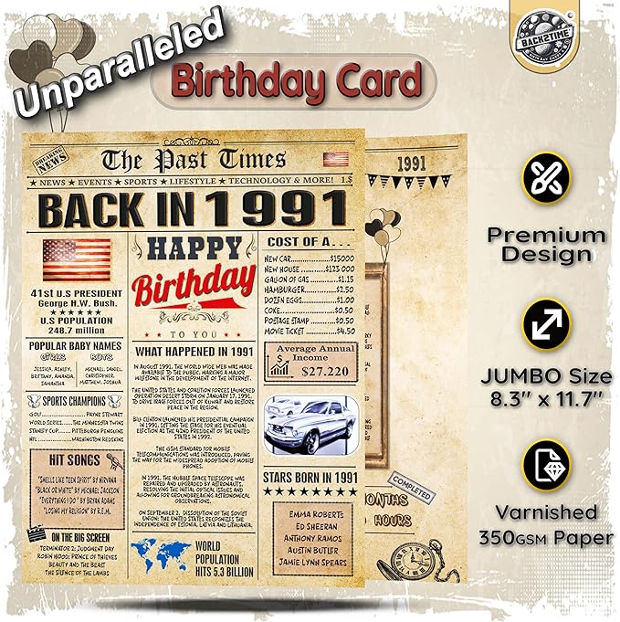 35th Birthday Card for Women Men - Back In 1991 Newspaper - 35 th Happy BIRTHDAY card - 35 birthday gift for Her Him - JUMBO size - 35th birthday decorations Dad Mom - Best gifts for 35 year old