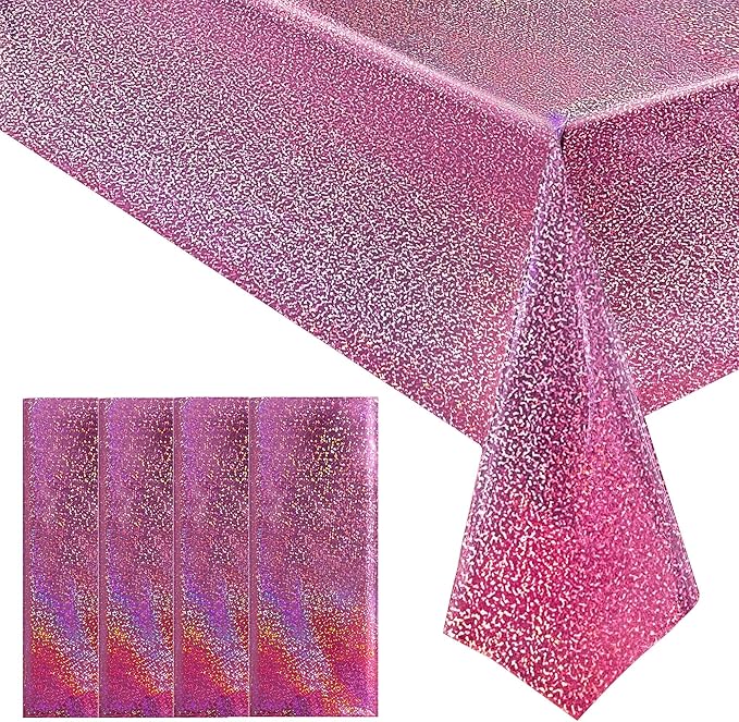 4 Pcs Pink Holographic Plastic Tablecloths Laser Table Covers 40" x 108" Foil Disposable Table Cloths for Themed Birthday Party Wedding Christmas Holiday Party Decorations