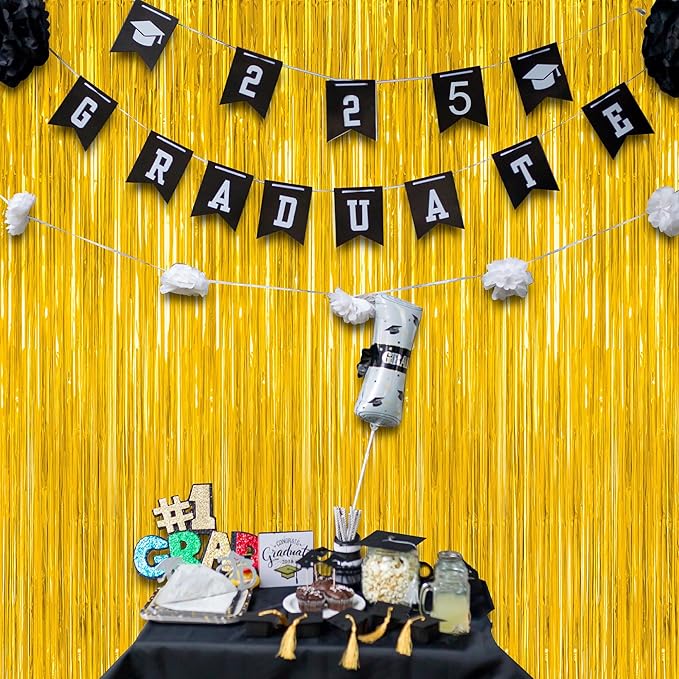 8 Pack 2026 Graduation Party Decorations, 3.28 FT x 7.05 FT Gold Backdrop, Metallic Graduation Photo Backdrop Grad Foil Curtains Party Streamer, Class of 2026 Decorations Grad Decor