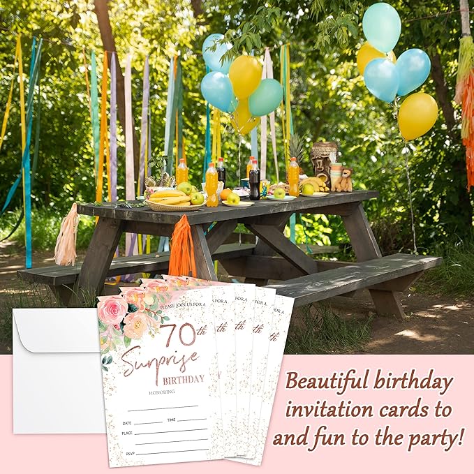 Zodvery Surprise 70th Birthday Party Invitations Cards - 70 Years old Rose Floral Pink Theme Party Supplies for Adult, Woman or Man - 20 Fill in Birthday Party Invitations and 20 Envelopes set/64