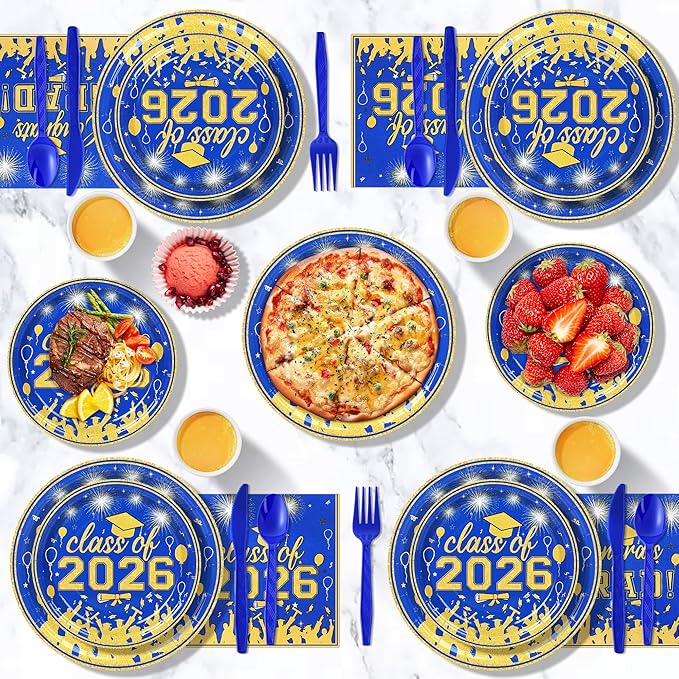 175PCS Graduation Plates and Napkins Set 2026 Graduation Party Supplies Tableware Set Include Paper Plate Napkin Cup Knife Fork Spoon for Grad Party Decor Serve25 (Blue and Gold)
