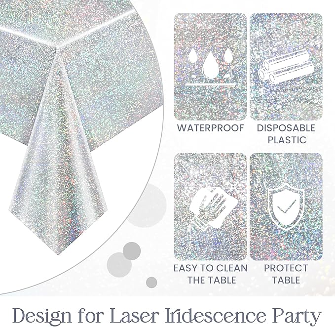 Sparkling Holographic Laser Tablecloth - Shimmering, Waterproof, Easy to Clean - Ideal for Bachelorette, Birthday, Wedding, and Anniversary Party Decorations (Pink & Silver, 2)