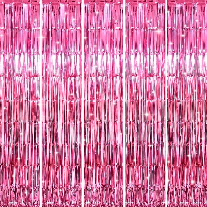 GOER 3.2 ft x 8.2 ft Metallic Tinsel Foil Fringe Curtains Party Photo Backdrop Party Streamers for Galentines Day,Birthday,Graduation,New Year Eve Decorations Wedding Decor (5 Packs,Hot Pink)