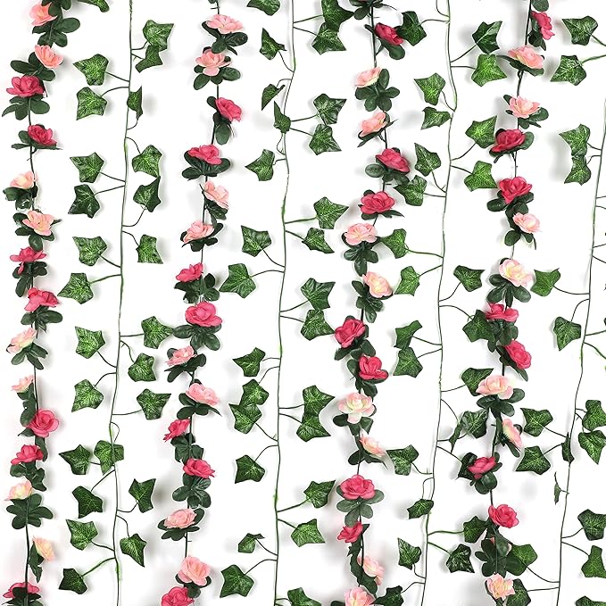 BLEUM CADE 5 Pcs 41Ft Flower Garland Artificial Rose Vines with 5 Pcs 34.5Ft Fake Ivy Vines, Hanging Fake Flower Vines for Wedding Party Valentines Day Christmas Wall Room Decor Aesthetic