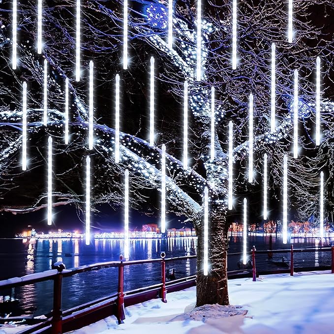FUNPENY Meteor Shower Rain Lights, 288 LED Icicle Snow Falling Christmas Lights, Xmas Tree Holiday Decoration, White