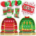 durony 168 Pieces Ugly Sweater Christmas Paper Plates Ugly Sweater Party Decorations Xmas Disposable Dinnerware Set Ugly Party Plates Napkins Cups Cutlery Party Supplies Set, Serves 24 Guests