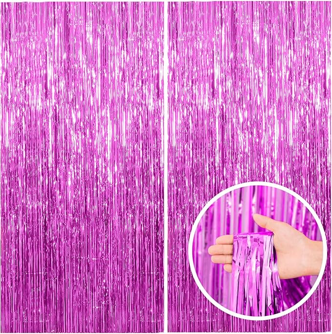 2 Pack Hot Pink Party Backdrop Birthday Decorations Tinsel Curtain Party Streamers Foil Fringe Christmas Bachelorette Graduation Fiesta Party Decorations Hot Pink Photo Booth Backdrop
