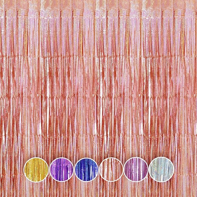 QRabbit 4 Pack Foil Fringe Backdrop Curtains, Rose Gold Party Streamers Photo Booth Props for Birthday Graduation Engagement Wedding Baby Shower Christmas Party Decorations