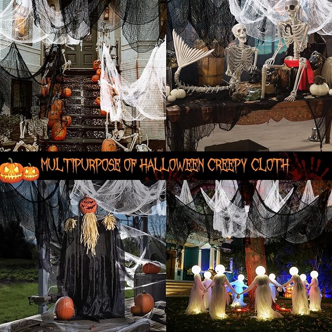 80 x 400 Halloween Decorations Creepy Cloth Indoor Outdoor, Scary Gauze Halloween Party Decorations, Spooky Home Decor Supplies for Table Tree Garden Doorway Haunted House Yard Skeleton (1PCS Black)