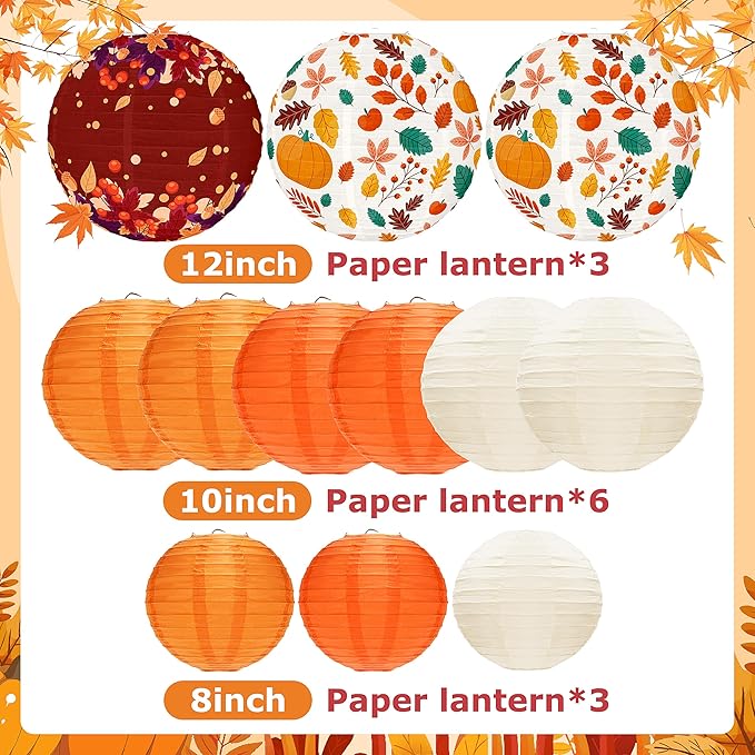 12 Pcs Fall Paper Lanterns Thanksgiving Orange Paper Lanterns Party Decorations, Maple Leaves Paper Lanterns Harvest Decorations for Autumn Birthday Party Indoor Outdoor Decor