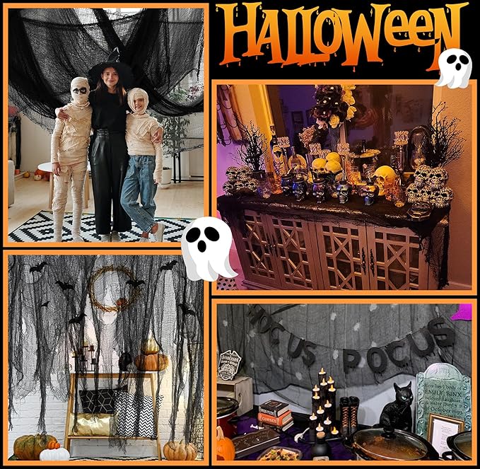 Watayo 300 x 80 Inch Halloween Creepy Cloth, Black Large Size Halloween Scary Spooky Cloth, Windows Doorways Cover Gauze for Holiday Party Haunted House Decorations