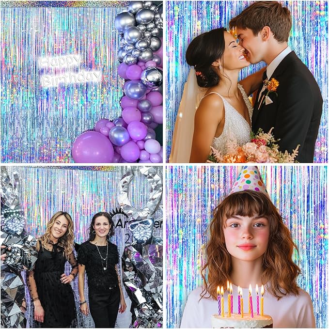 4 Packs Silver Foil Fringe Curtain, Silver Glitter Metallic Tinsel Backdrop for Birthday, Wedding, Baby Shower, Bachelorette, 70s 80s 90s Theme Disco Party, Iridescent Party Decorations Supplies