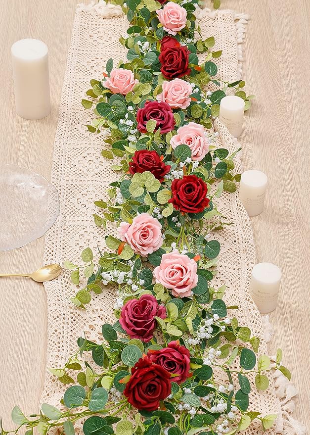 Anna's Whimsy 5.91FT Artificial Eucalyptus Garland with Flowers, Fake Rose Gypsophila, Faux Floral Garland Greenery for Wedding Spring Party Art Table Runner Decor (Pink, 1)