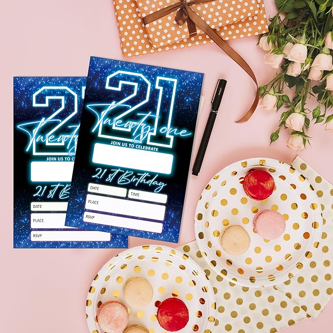 SIXEIGHT Blue 21st Birthday Invitations for Boys, Neon Glow Party Invitations for Girls Kids, 20 Pack Double Sided Invite Cards with Envelopes, 21st Glow Neon Birthday Party Decorations, 4x6 Inch-C54