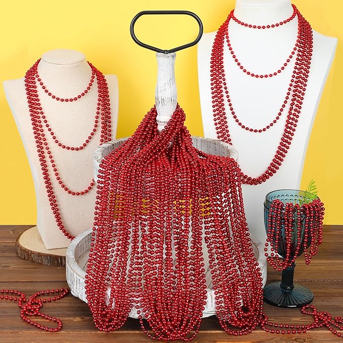 24PCS Bead Necklace, Red Bead Necklace Stuff Party Favors, 33" Christmas Necklaces Festival Parade Throw Accessories for Wedding Birthday Valentines Mardi Gras Xmas Celebrations Decorations