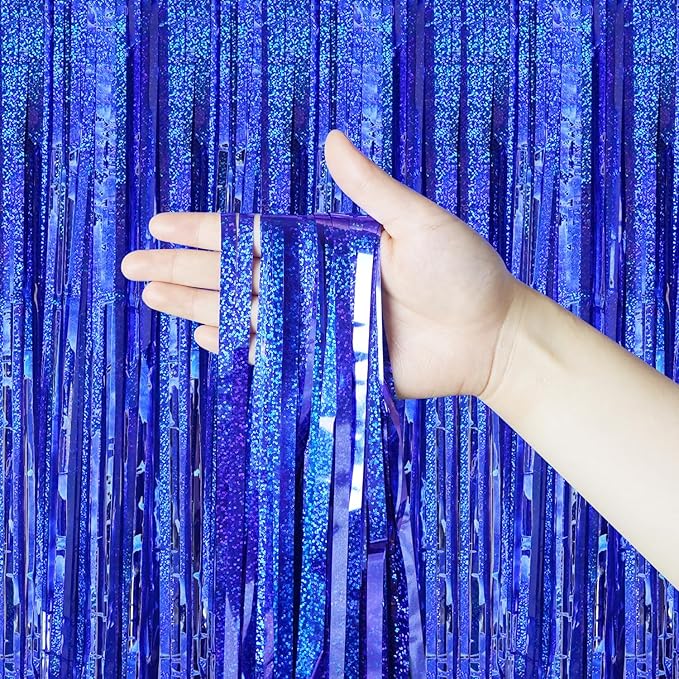 QRabbit 4 Pack Backdrop Curtains, Blue Foil Fringe Curtain Tinsel Backdrop, Party Streamers for Birthday Graduation Engagement Wedding Baby Shower Christmas Party Decorations