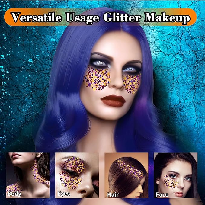 Halloween Face Glitter Gel,Orange Purple Skull Pumpkin Body Glitter Face Paint,Chunky Giltter for Face Body Hair,Kid’s Colorful Shimmering for Party Rave Music Festival Carnival Makeup
