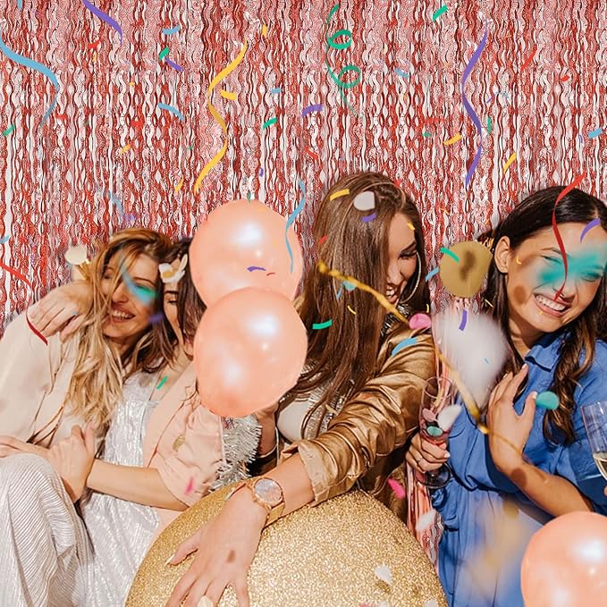 Rose Gold Tinsel Foil Fringe Curtains Wavy Backdrop for Parties Sparkle Metallic Wavy Foil Fringe Backdrop Curtain Photo Booth Props Birthday Graduation Wedding Bachelorette Party Decorations