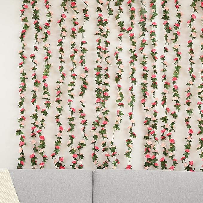 BLEUM CADE 12Pcs 98.4Ft Flower Garland Artificial Rose Vines with 98.4Ft String Lights, Cute Fake Hanging Flower Vines Floral Garland Decorations for Wedding Party Wall Room Decor Aesthetic
