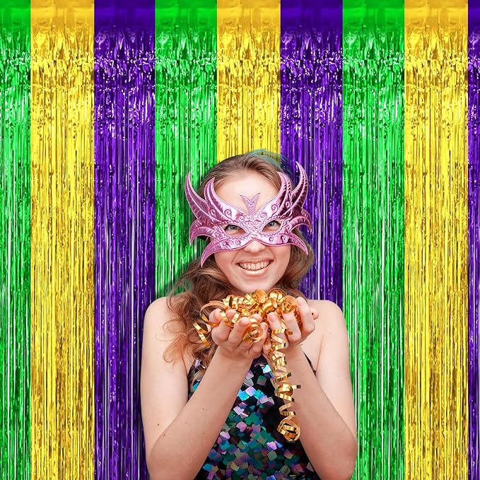 4 Pack 3.2Ft x 6.6Ft Mardi Gras Foil Fringe Curtain Backdrop, Gold Green Purple Metallic Tinsel Foil Fringe Streamers Curtains Background for Photo Booth, Birthday, Wedding, Carnival Party Decoration