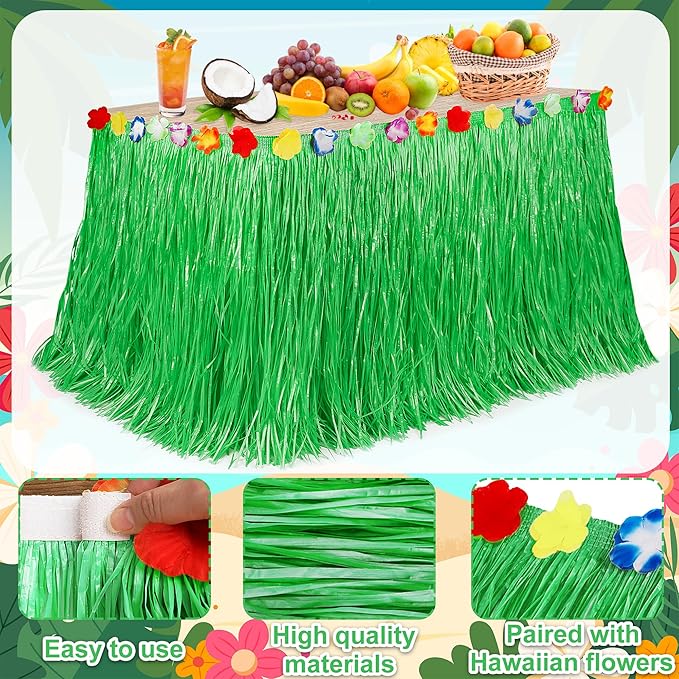 Hawaiian Party Table Skirt Decorations, 2PCS Green Luau Party Table Skirt Decorations, 108 X 29.5" Grass Skirts Luau Party Favors, Luau Table Skirt for Summer Tropical Hula Parties Decor Accessories