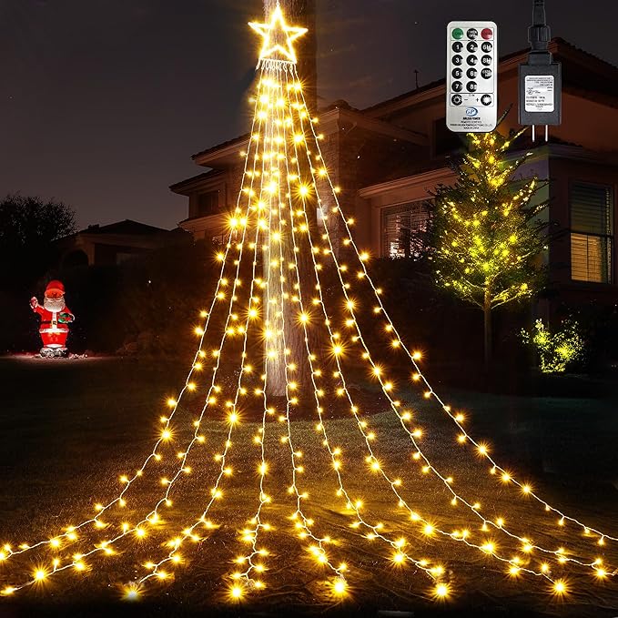 WBao 344 LED Christmas Lights Outdoor Decorations with 12" Star Topper, 11.9ft Waterfall Christmas Lights, Remote Control 8 Modes, Timer, UL Listed Waterproof for Tree Roof Porch Decor, Warm White
