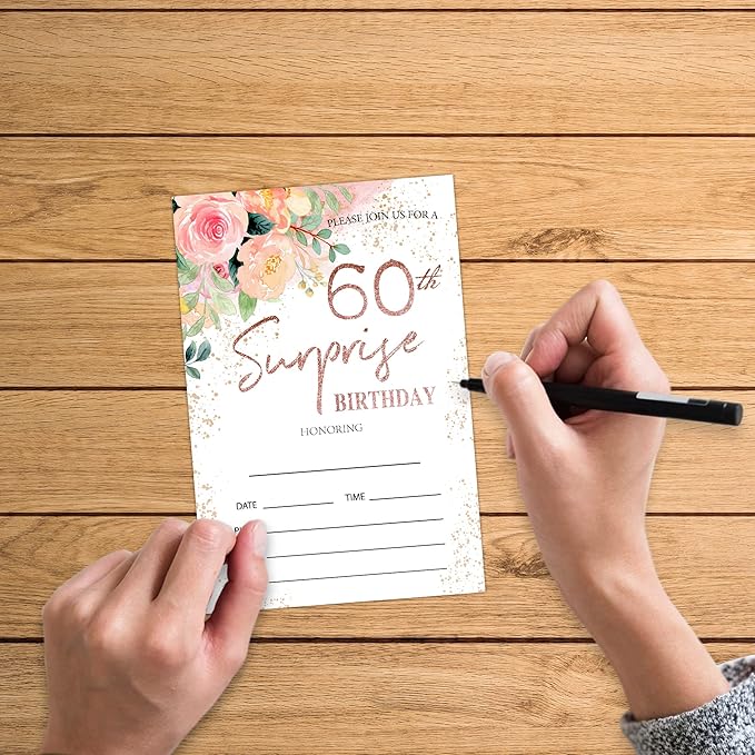 Zodvery Surprise 60th Birthday Party Invitations Cards - 60 Years old Rose Floral Pink Theme Party Supplies for Adult, Woman or Man - 20 Fill in Birthday Party Invitations and 20 Envelopes set/62