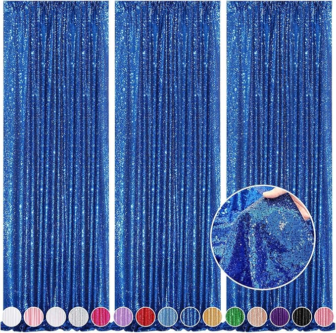 Glitter Backdrop Curtains Royal Blue Sequin Background 3 Packs 2FT x 8FT Sequin Fabric Baby Shower Birthday Party Decorations