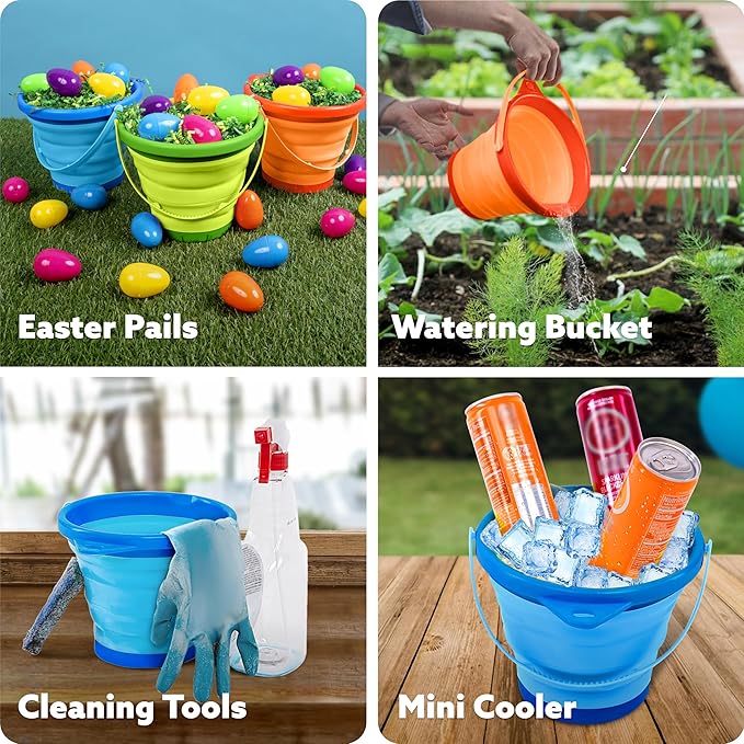 JOYIN 3 Packs Foldable Pail Bucket with Shovels & Mesh Bag, Collapsible Buckets Multi Purpose for Beach, Camping Gear, Beach Party, Fishing, and Fun Summer Activities (Orange/Blue/Green)
