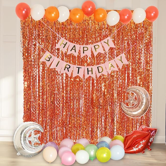 4 Pack Orange Wavy Metallic Tinsel Foil Fringe Curtains | 3.3 ft x 6.6 ft Party Streamer Backdrop Photo Booth for Orange Basketball Party Decorations Holloween Christmas