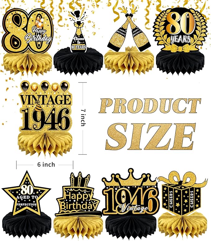 9 Pcs 80th Birthday Decoration for Men Women Happy 80th Birthday Honeycomb Centerpieces 80th Birthday Table Party Decorations Black and Gold Cheers to 80 Years Decor 1946 Birthday Party Favors