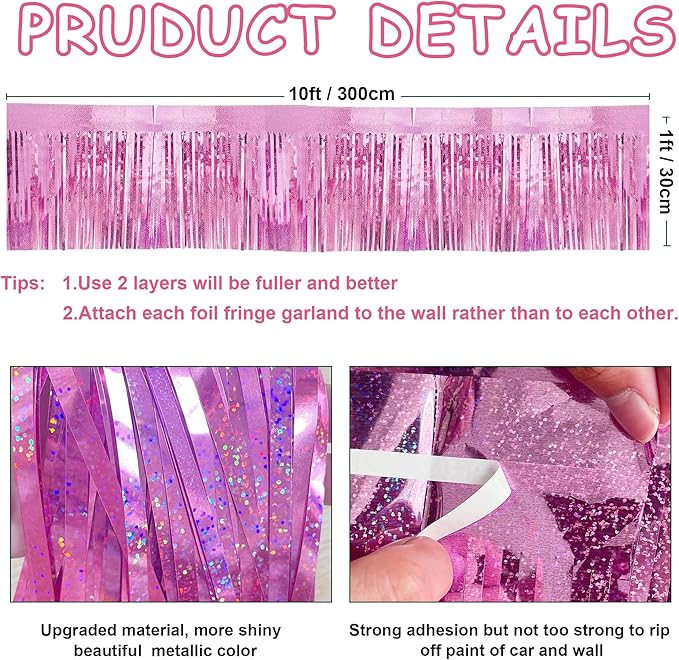 4 Pcak Each 10 Feet Glitter Pink Parade Float Decorations for Trailer Car, Glitter Foil Fringe Metallic Tinsel Streamers Banner Garland for Graduation Weeding Homecoming Birthday Party (Glitter-Pink)