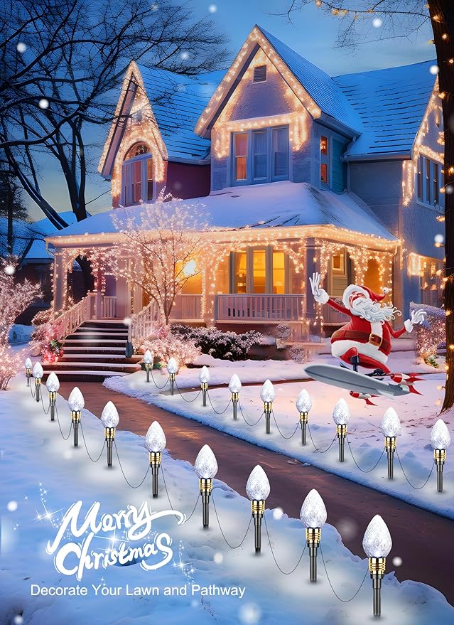 Brightown 2 Pack Strawberry C9 Christmas Pathway Lights Outdoor, Total 34.8 Ft 20 C9 Pathway Lights, Waterproof Connectable Christmas Walkway Light for Yard Ground Sidewalk Driveway, Pure White
