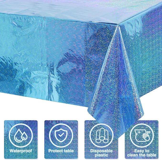 8 Pack Iridescence Plastic Tablecloths Shiny Disposable Laser Rectangle Table Covers Holographic Foil Tablecloth Iridescent Party Decoration Birthday Bridal Wedding Christmas 54" x 108" (Blue)