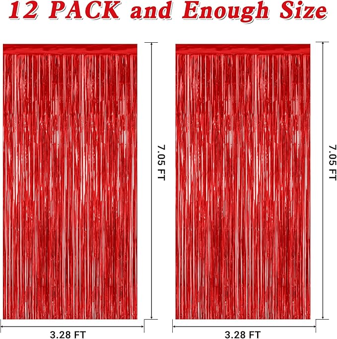 12 Pack Red Curtains, 3.28 FT x 7.05 FT Party Streamer, Metallic Party Backdrop Valentines Day Streamer Foil Curtains, Fringe Tinsel for Red Party Decor Casino Theme Decorations Party Supplies