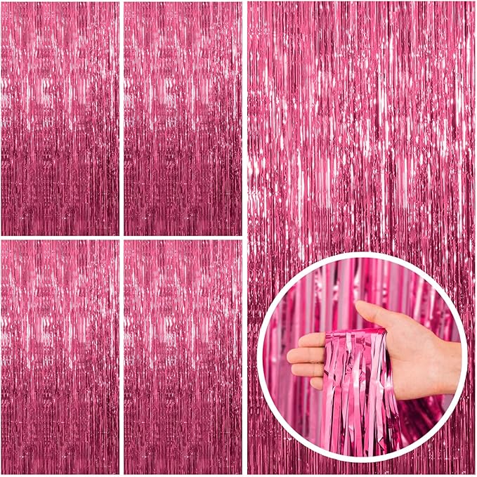 5 Pack Pink Tinsel Curtain Party Backdrop Foil Fringe Birthday Photo Booth Streamer Backdrop Theme Decorations