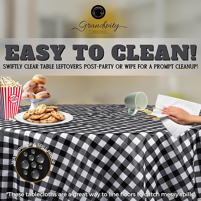 Grandipity 12 Pack Premium Disposable Plastic Tablecloth 84" Inch Decorative Round Checkered Table Cover - Black Checkered Gingham