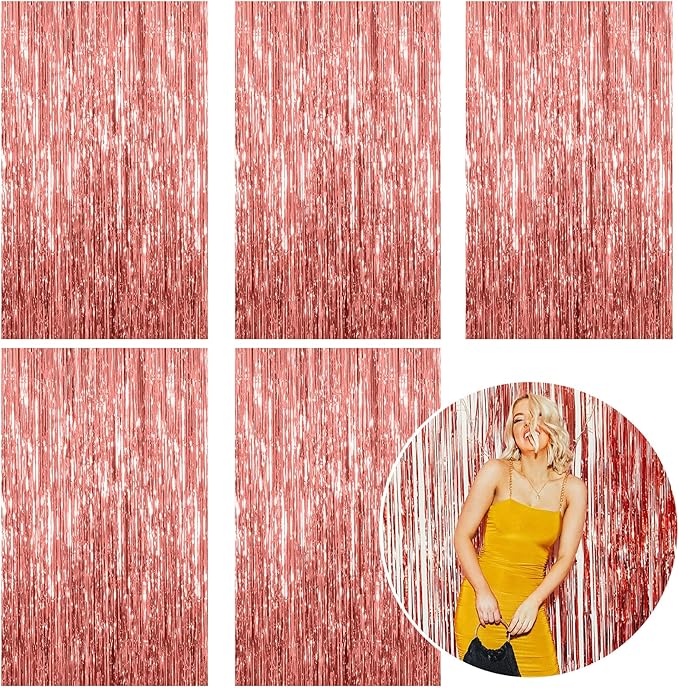 5 Pack Foil Curtain Backdrop Rose Gold Metallic Tinsel Foil Fringe Curtains Photo Booth Props for Birthday Wedding Engagement Baby Shower Bachelorette Christmas Holiday Celebration Party Decorations