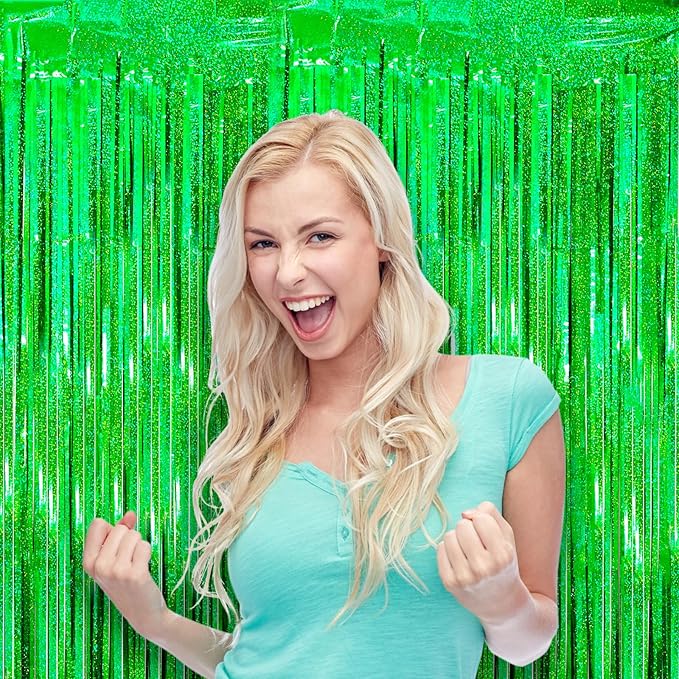 2 Pack Laser Green Tinsel Foil Fringe Curtains, Green Party Decorations, Metallic Tinsel Party Streamers Backdrop for Birthday Baby Shower St Patrick's Day Christmas Party Decorations